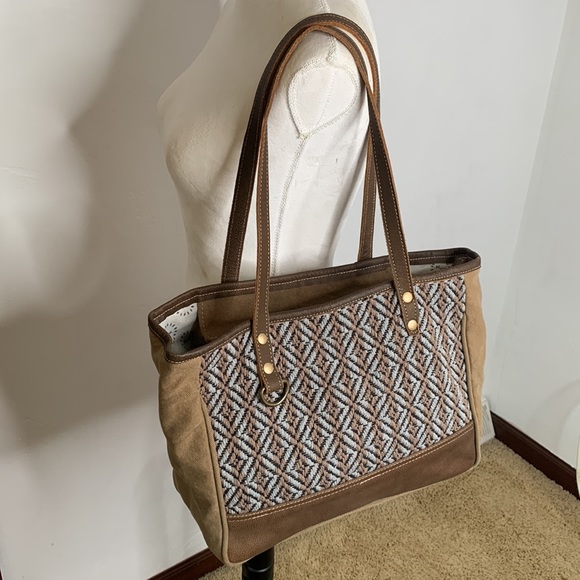 Myra Bag Brown Criss Cross Pattern Shoulder Bag Tote - Picture 14 of 15